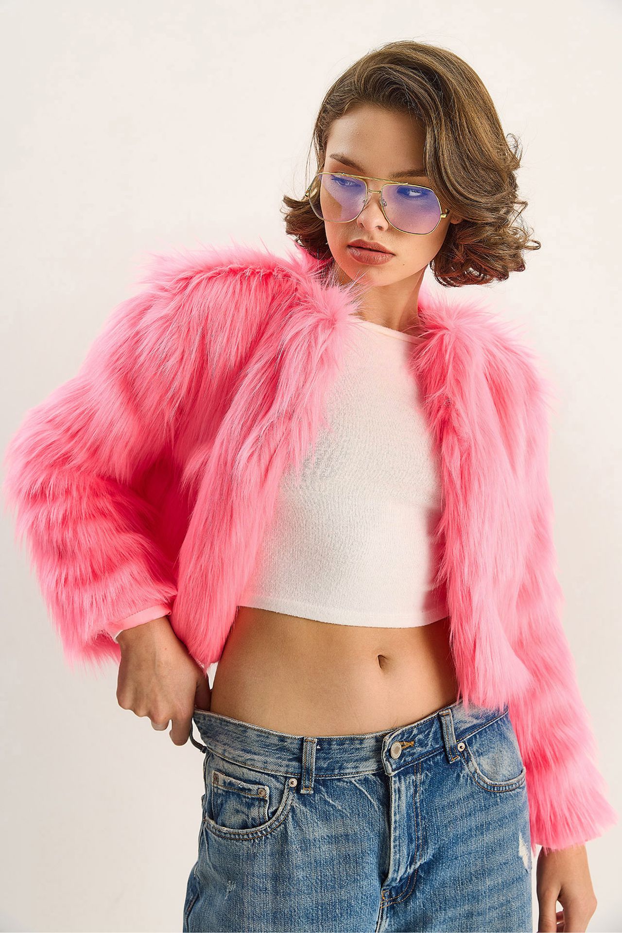 LUCCI Boxy Crop Faux Fur Coat 3