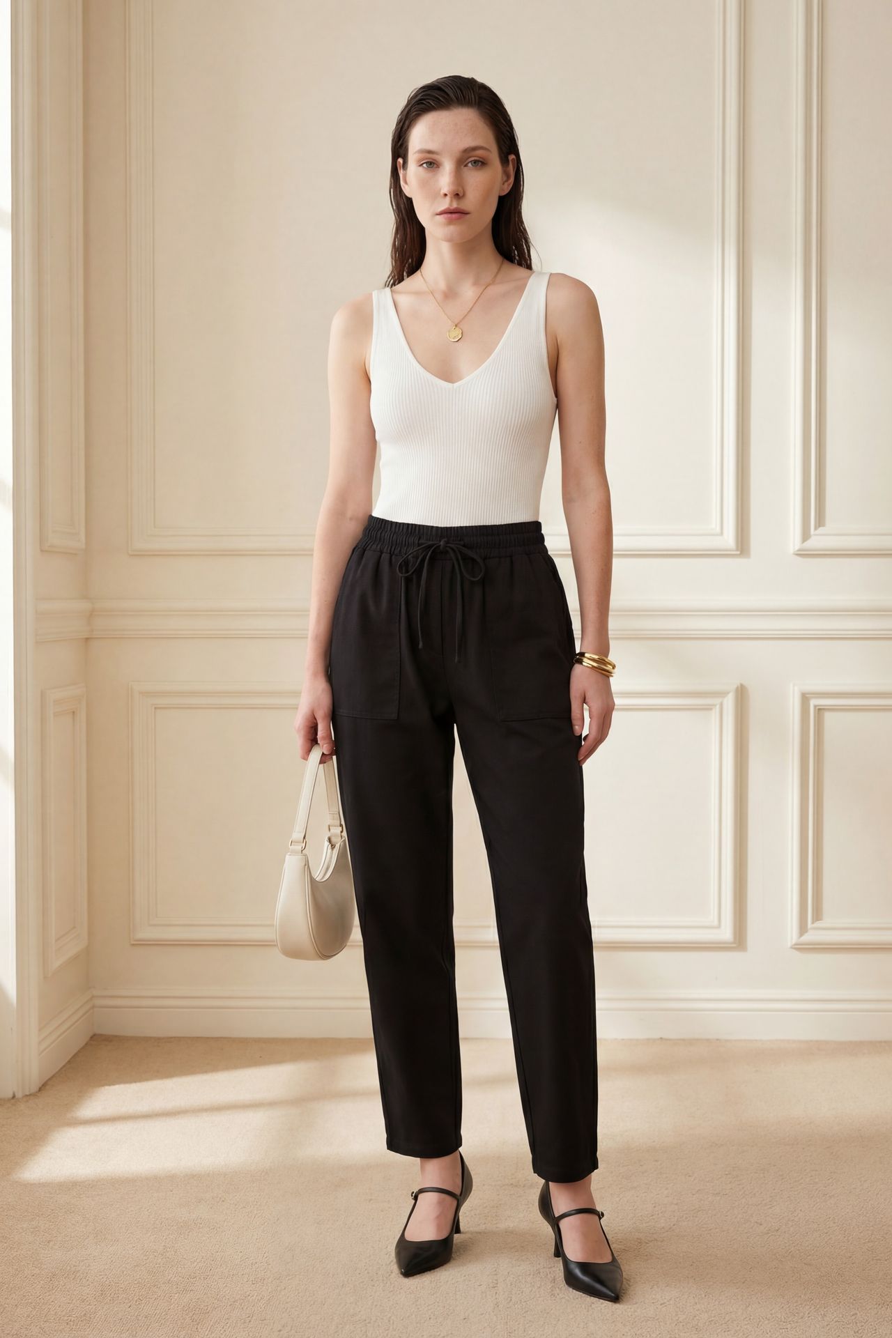 MY FASHION Ankle Length Solid Gabardine Pants with Drawstring Waist 1
