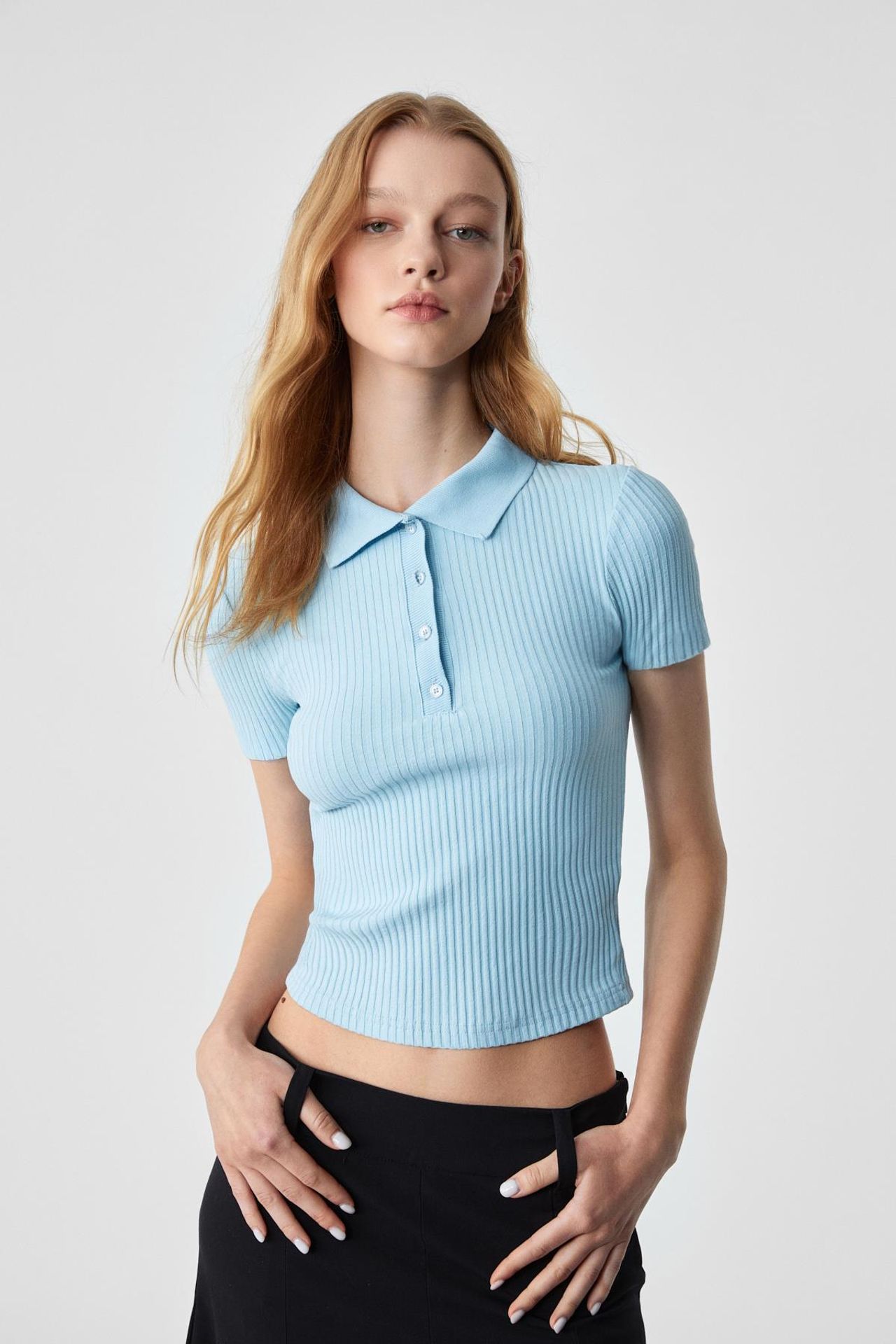 GRIMELANGE Slim Fit Ribbed Polo Blouse 1