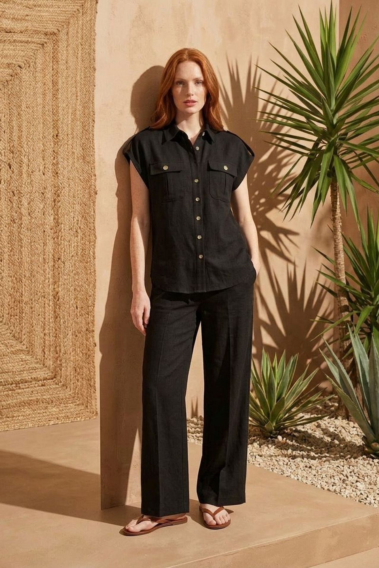 MY FASHION High Waist Wide Leg Two-Piece Set with Shirt Collar 5