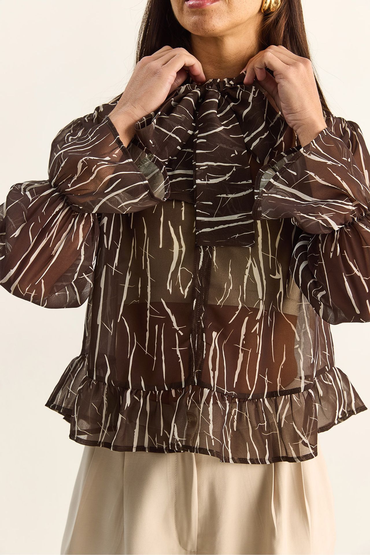 LUCCI Abstract Print Choker Collar Chiffon Blouse with Tie Detail 6