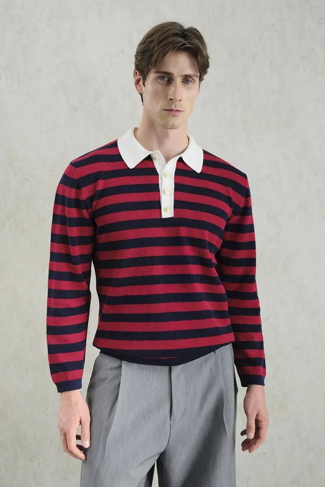 GIESTO Striped Ribbed Knitwear Sweater with Polo Collar