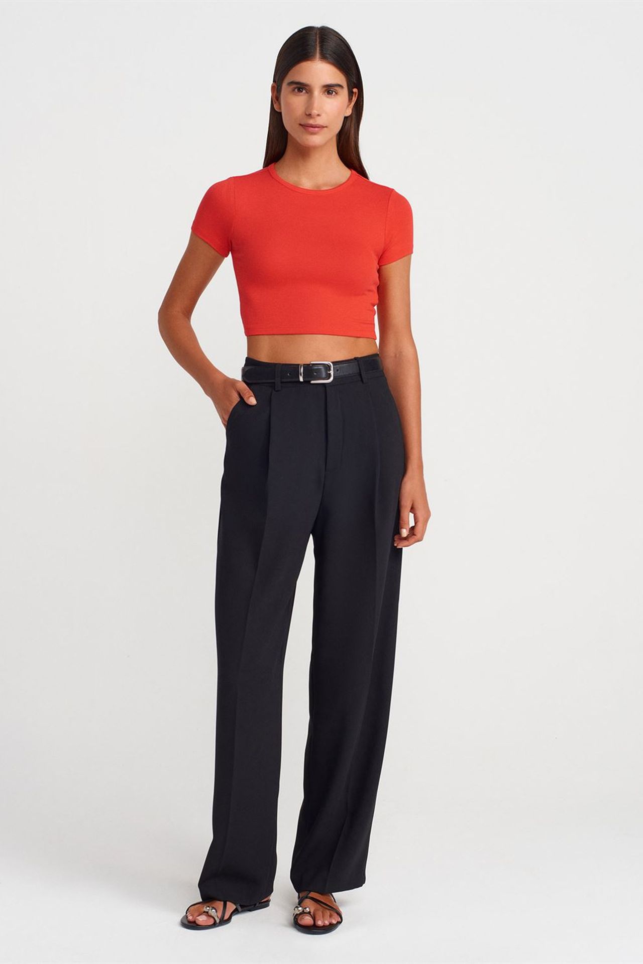 DILVIN Kadın Crop Slim Fit Bisiklet Yaka Tişört 4