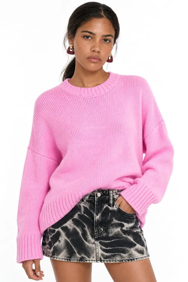 Mixray Oversized Ribbed Knit Sweater with Crew Neck