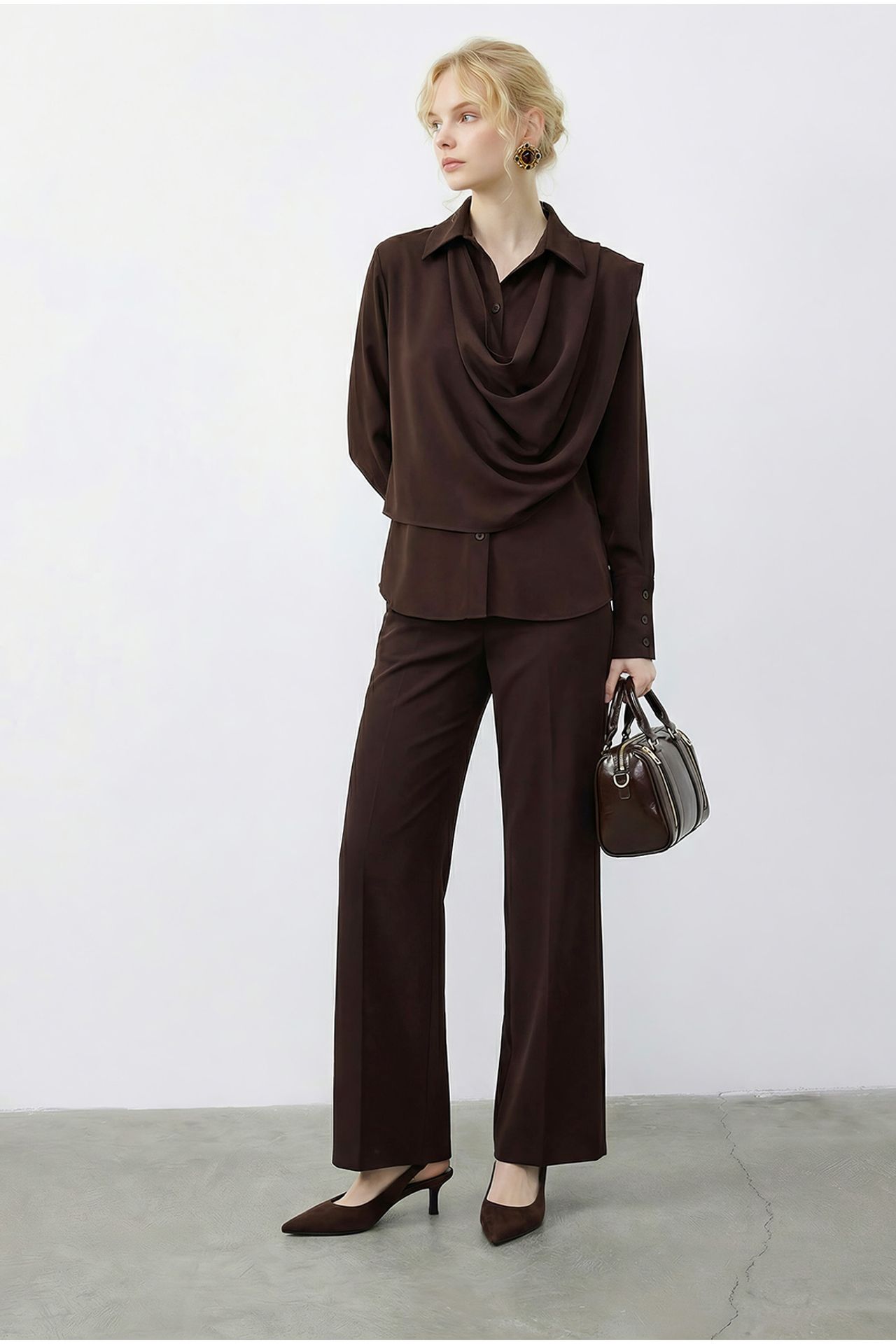 LUCCI Shawl Detailed Blouse and High Waist Wide Leg Pants Two-Piece Set 3