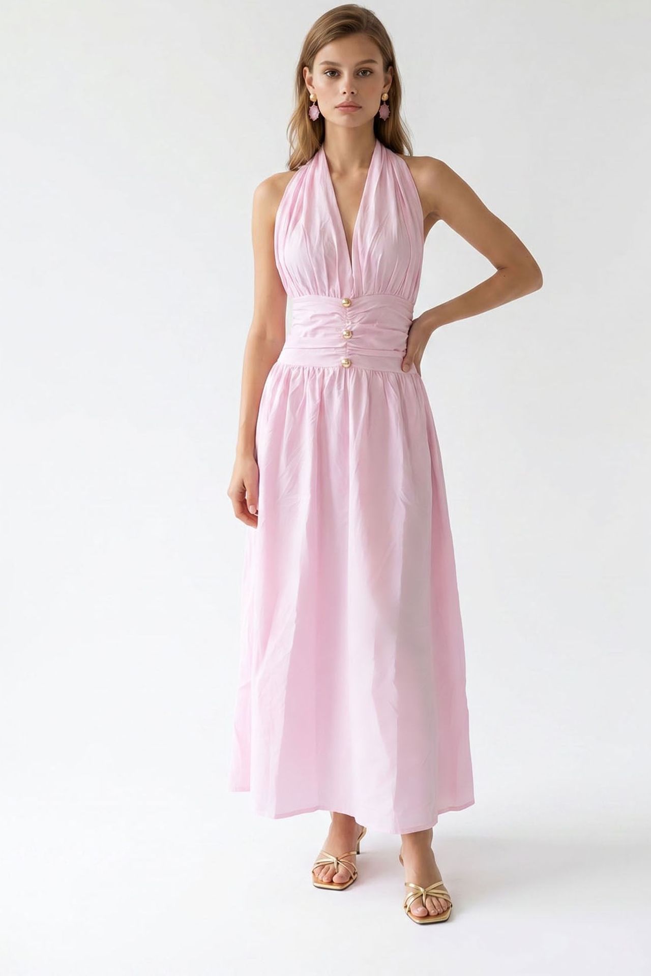 MIXRAY Women's Cotton Poplin Halter Maxi Dress 4