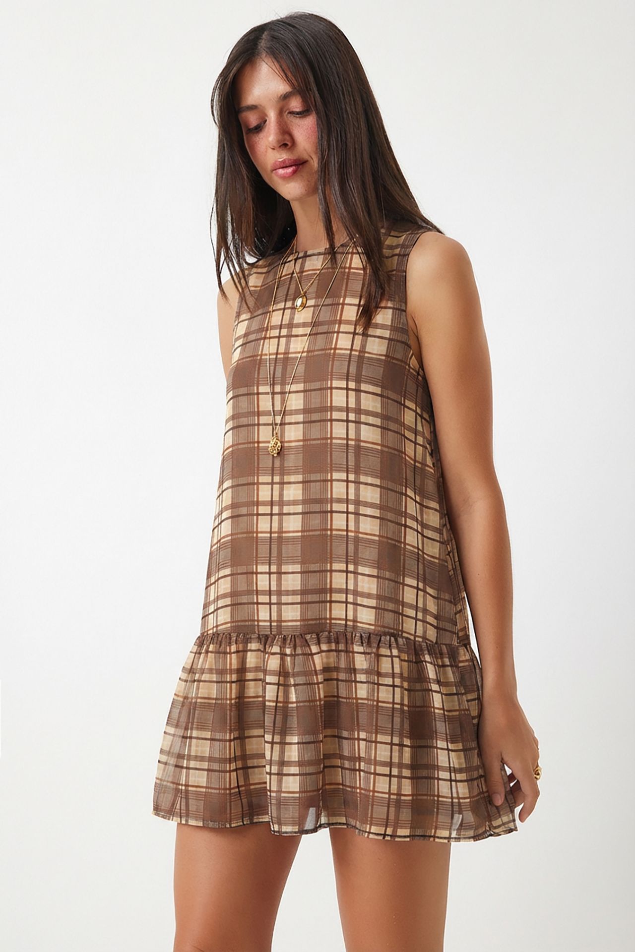 ISTANBUL Frilly Plaid Mini Dress with Crew Neck 3