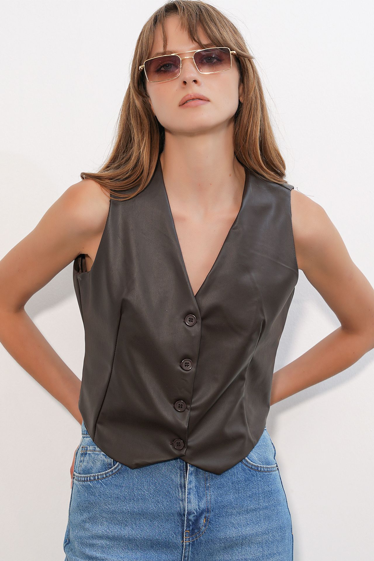 BDART Faux Leather V-Neck Buttoned Crop Vest 1