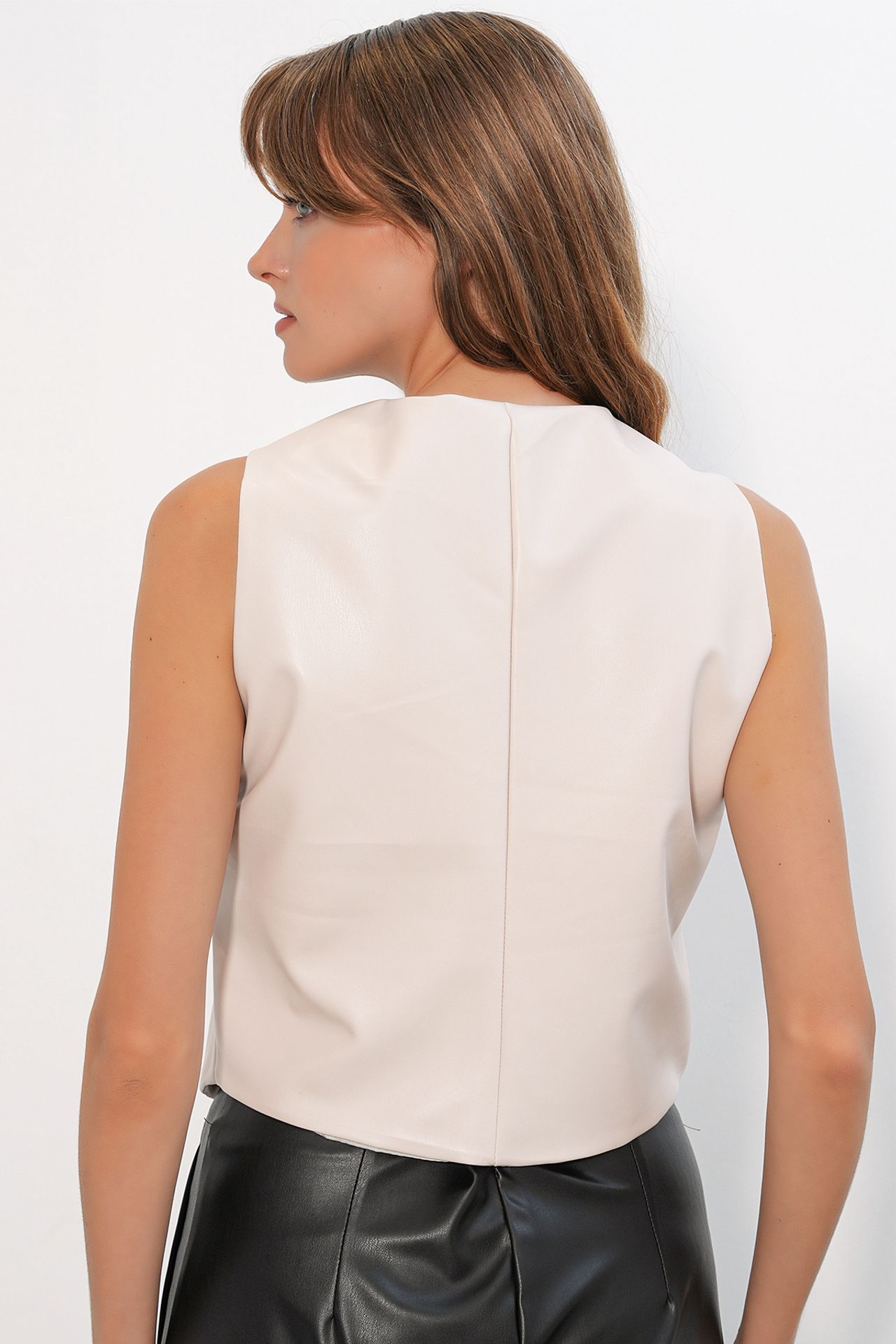 BDART Faux Leather V-Neck Buttoned Crop Vest 6