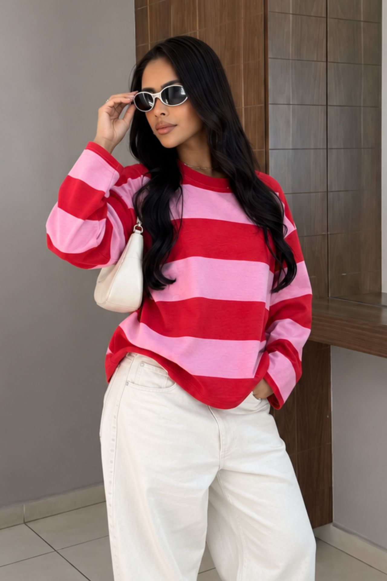 BIPANTOLON Women's Oversized Striped Crew Neck Sweatshirt 2