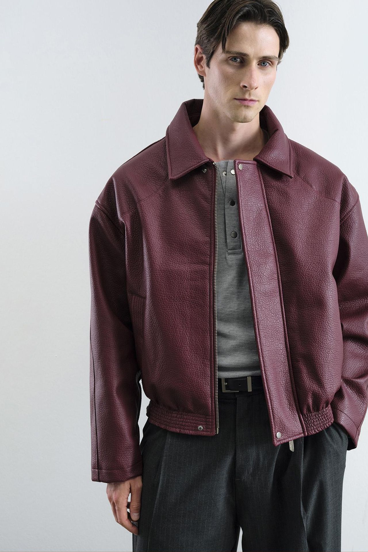 GIESTO Textured Faux Leather Jacket with Zipper and Pocket 1