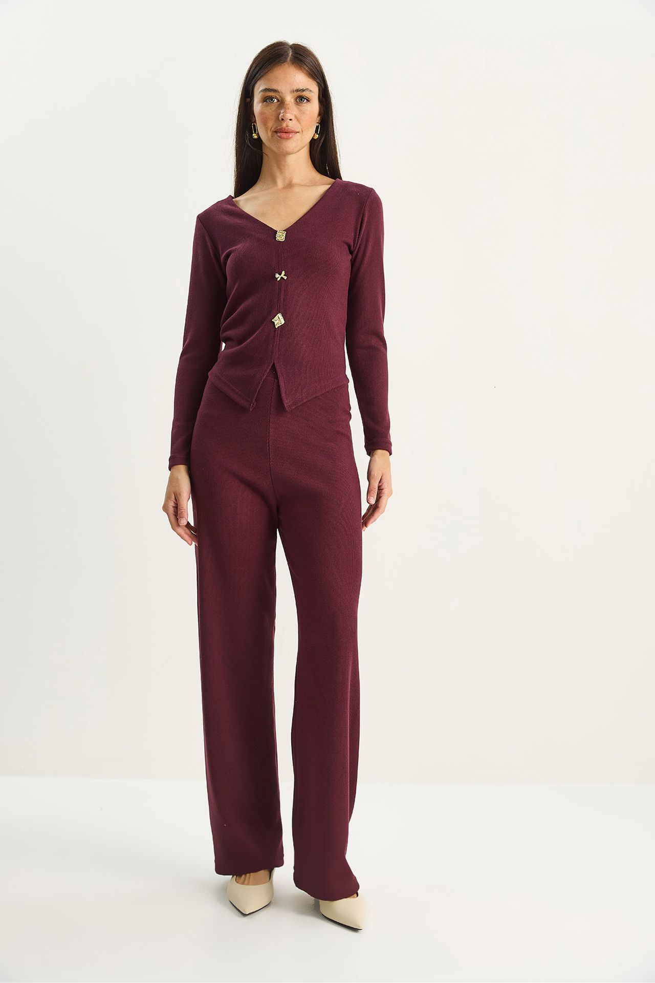 LUCCI V-Neck Knitted Wide Leg Two-Piece Set 2