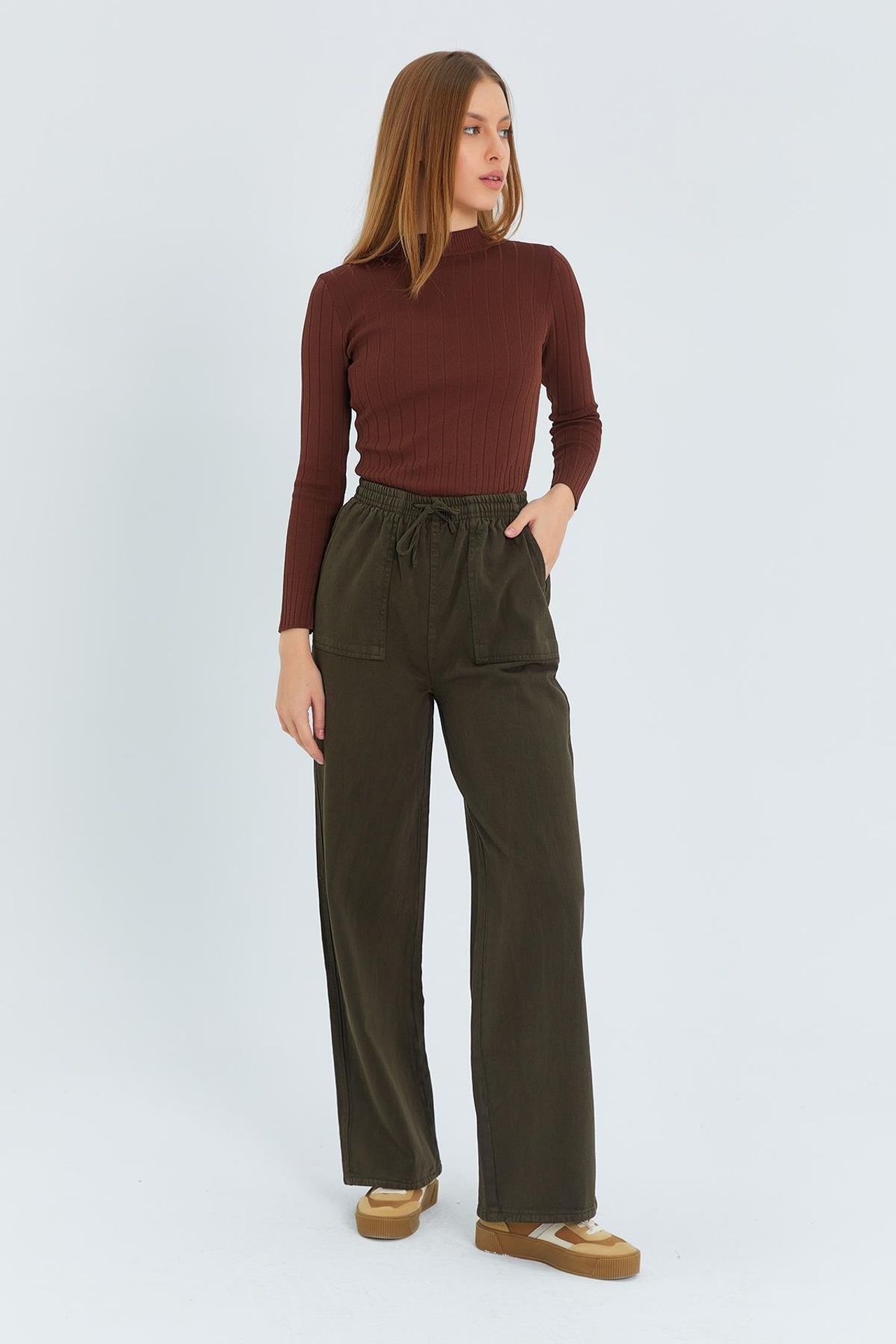 Mixray Elastic Waist Straight Leg Cotton Pants 1