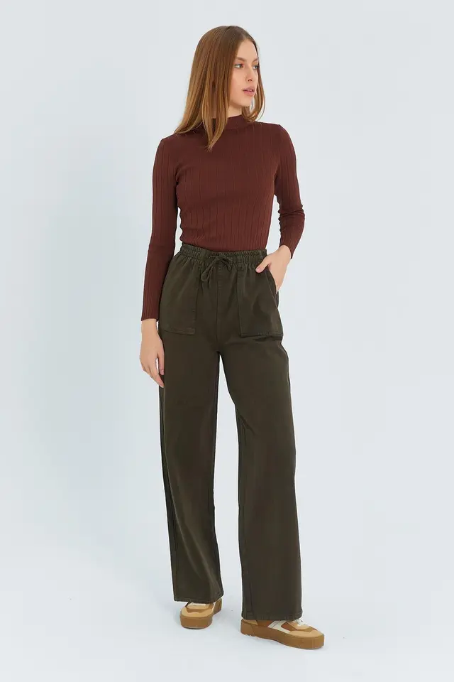 Mixray Elastic Waist Straight Leg Cotton Pants