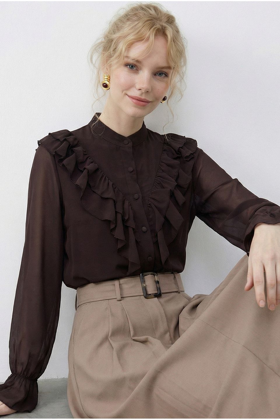 HiCCUP - Maya Blue Frilly V-neck Patterned Blouse Women