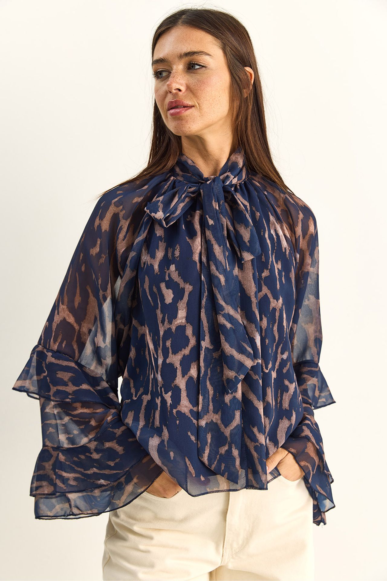 LUCCI Abstract Print Choker Collar Blouse with Tie Detail 1