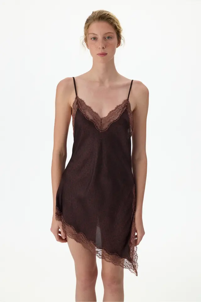 PENTI Printed Satin Lace Leopard Print Babydoll