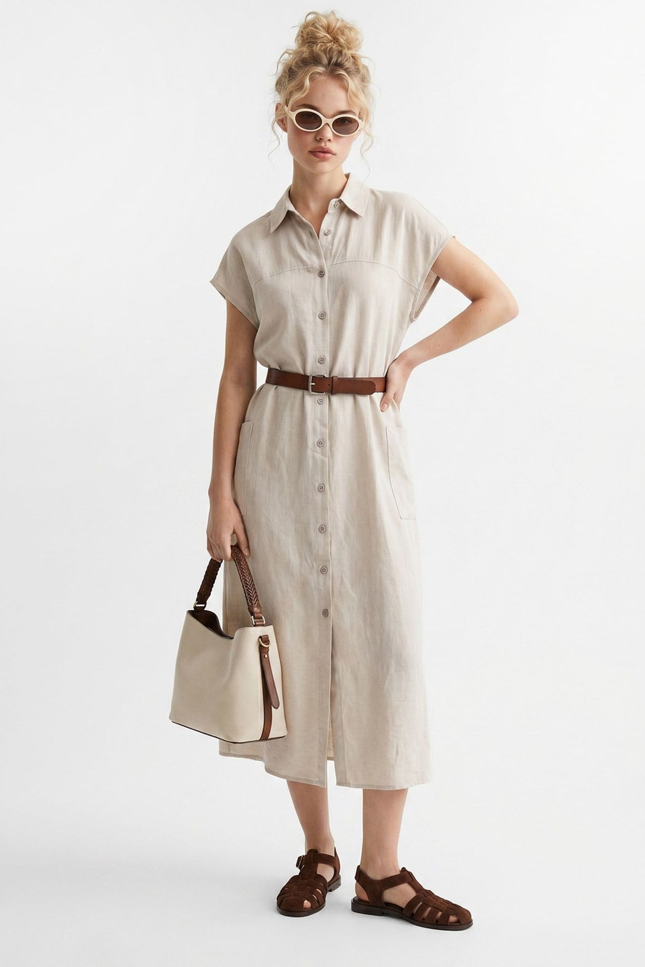 MIXRAY Belted Midi Shirt Dress 3