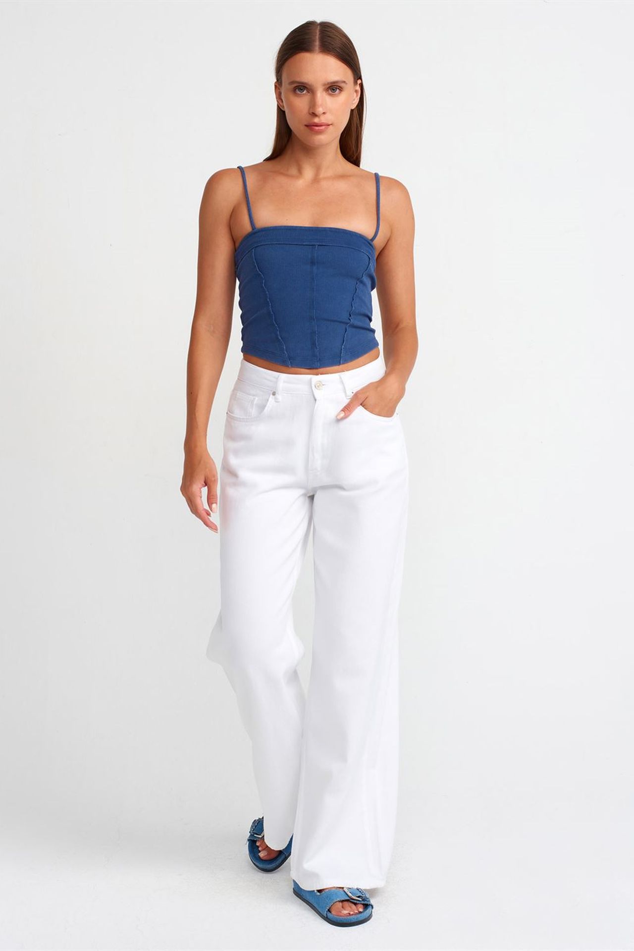 DILVIN Kare Yaka Fitilli Crop Bluz 3