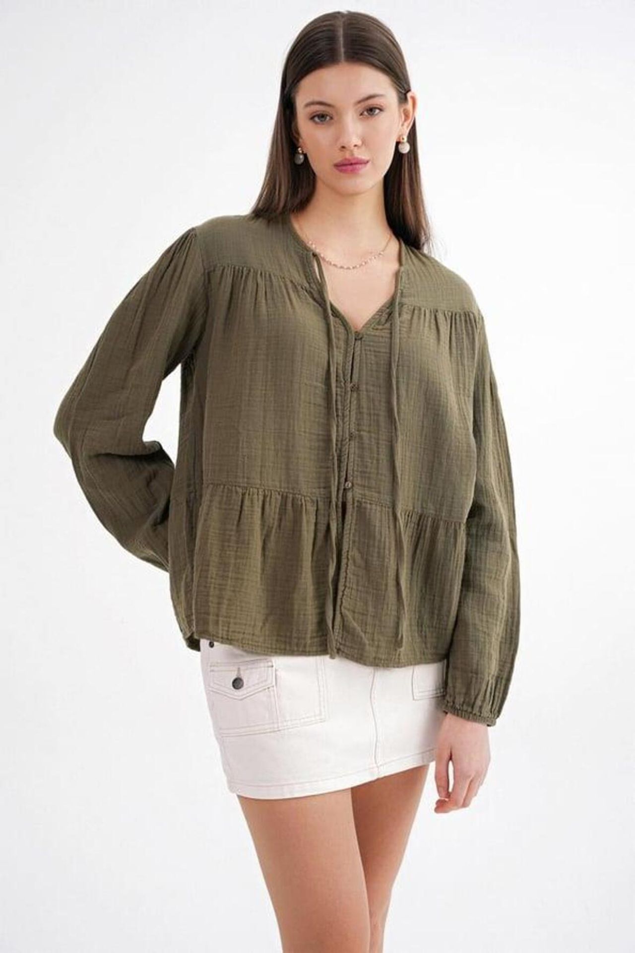 Mixray Long Sleeve Relaxed Fit Blouse with Tie-Neck 1
