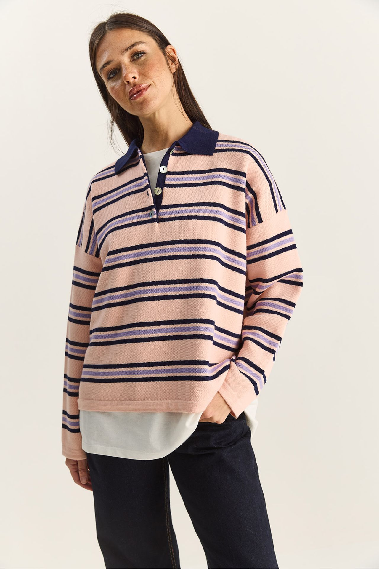 LUCCI Striped Polo Collar Button Sweater 2