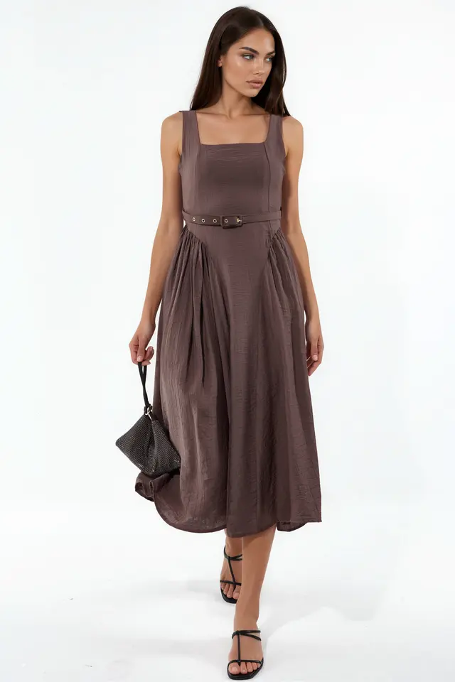 BUSEM Square Collar Belted Midi Dress