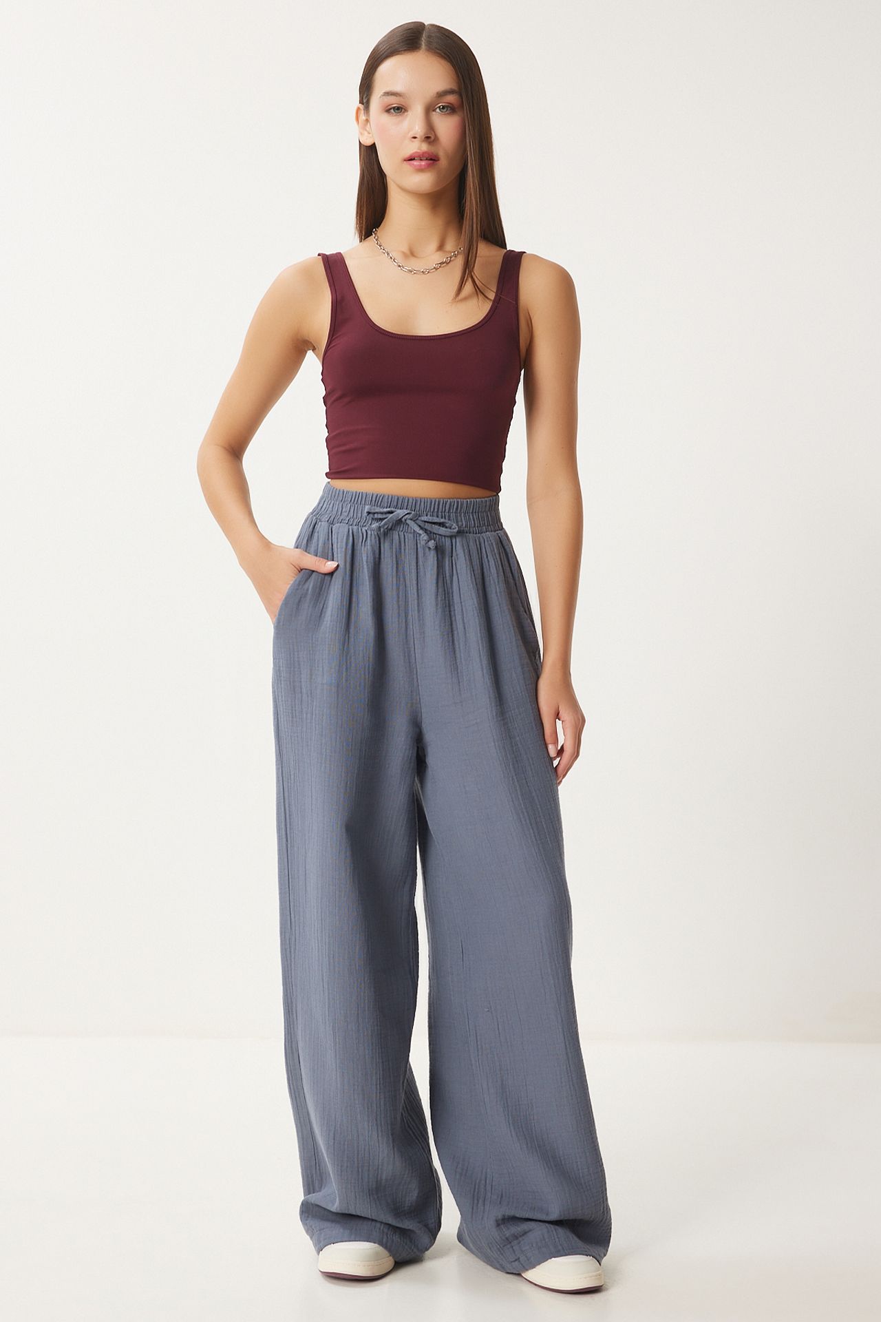 ISTANBUL Wide Leg Drawstring Waist Pants with Binding Detail 1