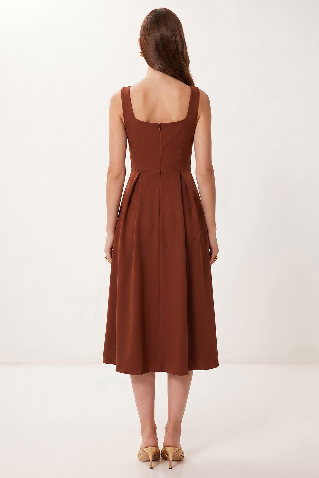 ISTANBUL Square Collar A-Form Midi Dress with Zipper Closure 4