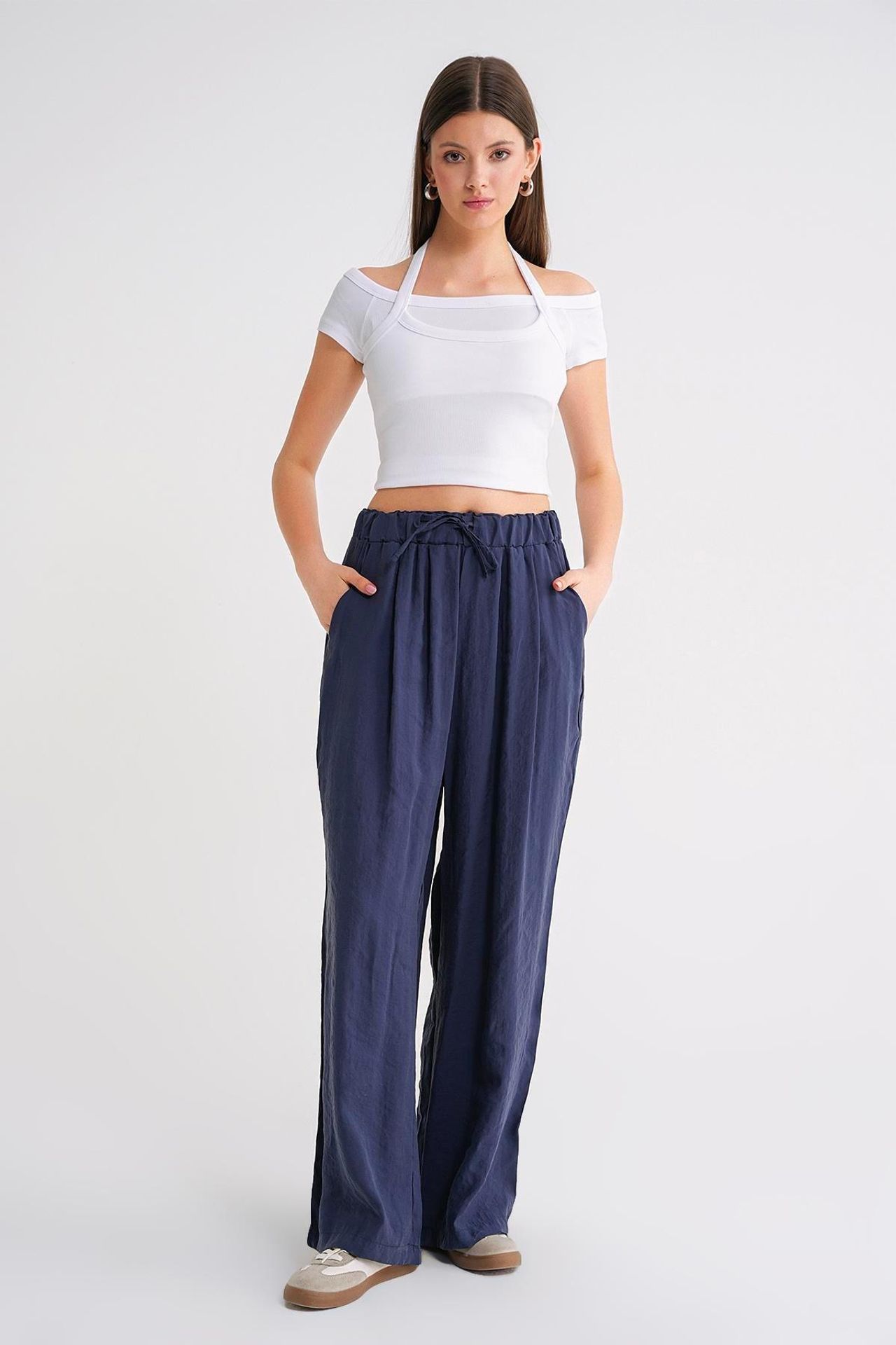 Mixray High Waist Modal Pleated Palazzo Pants with Drawstring 1