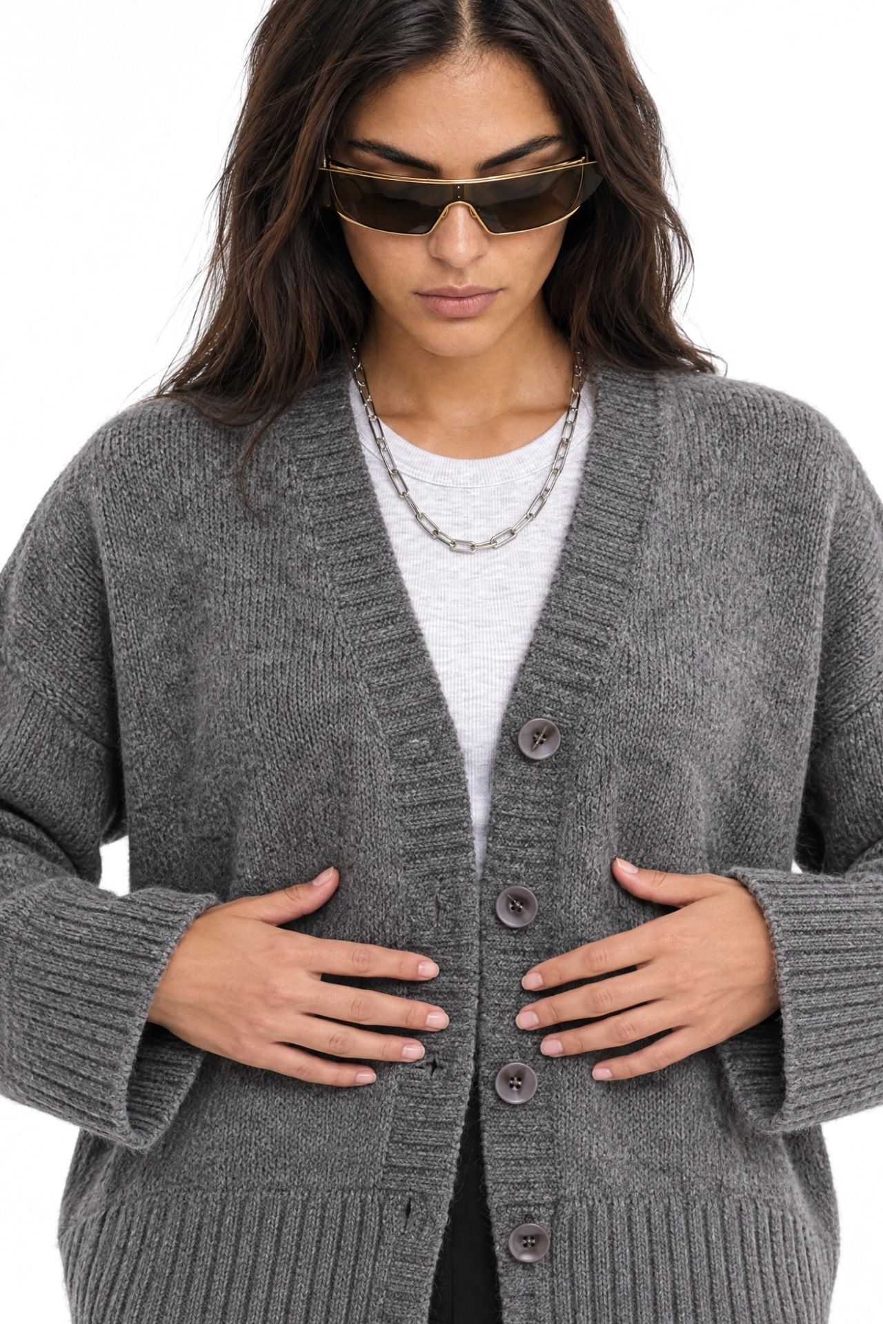 Mixray Buttoned V-Neck Ribbed Knit Cardigan 4