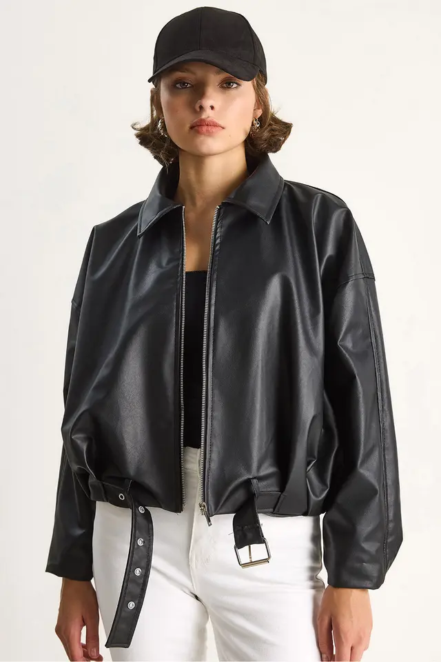 LUCCI Faux Leather Bomber Jacket with Zipper Closure