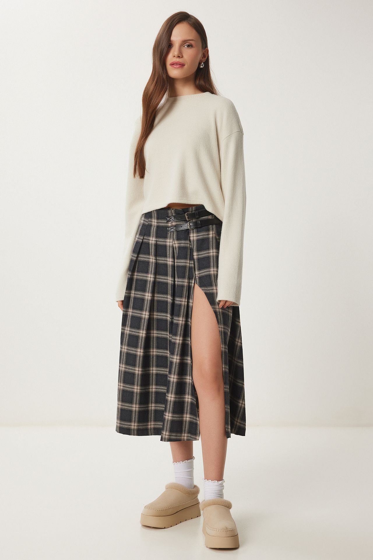 ISTANBUL Belt Detailed High Waist Long Plaid Skirt 3