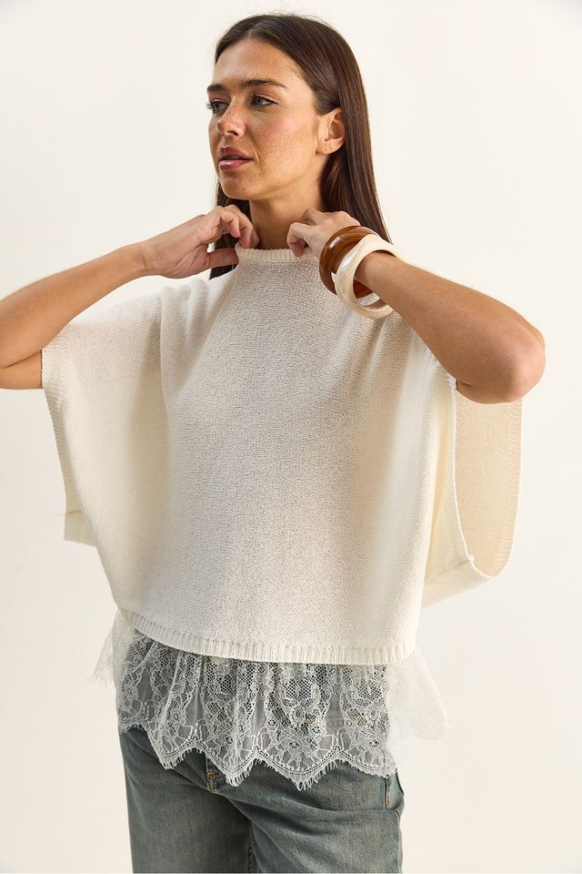 LUCCI Oversized Lace Knit Top With Half Turtleneck