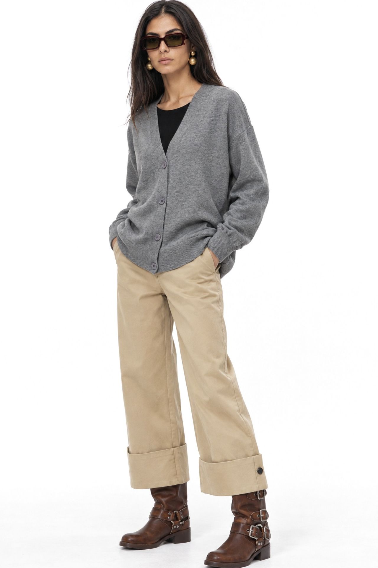MIXRAY Long Ribbed Knitwear Cardigan with V-neck and Button Closure 2