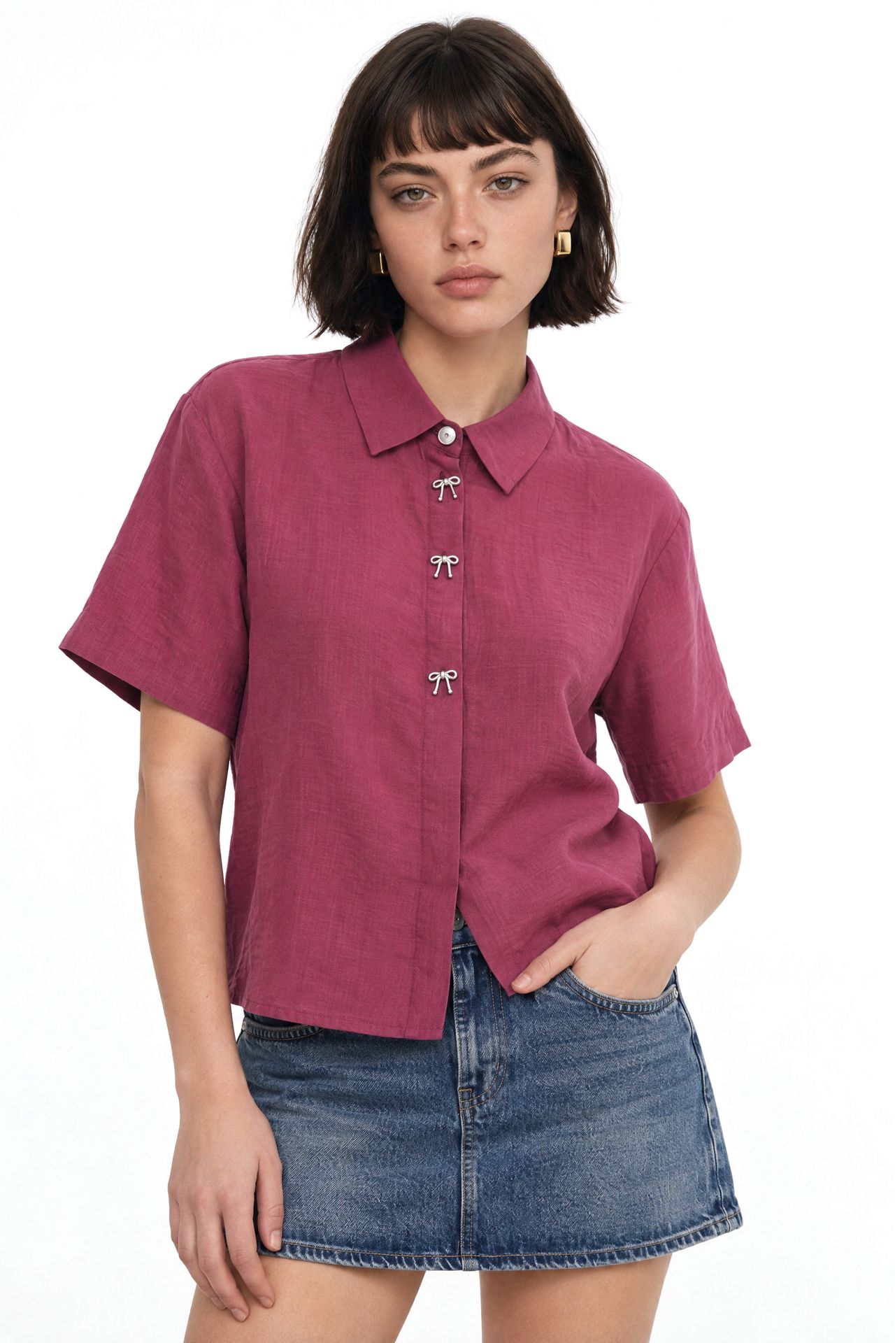 Mixray Short Sleeve Crop Shirt with Stone Accessories 1