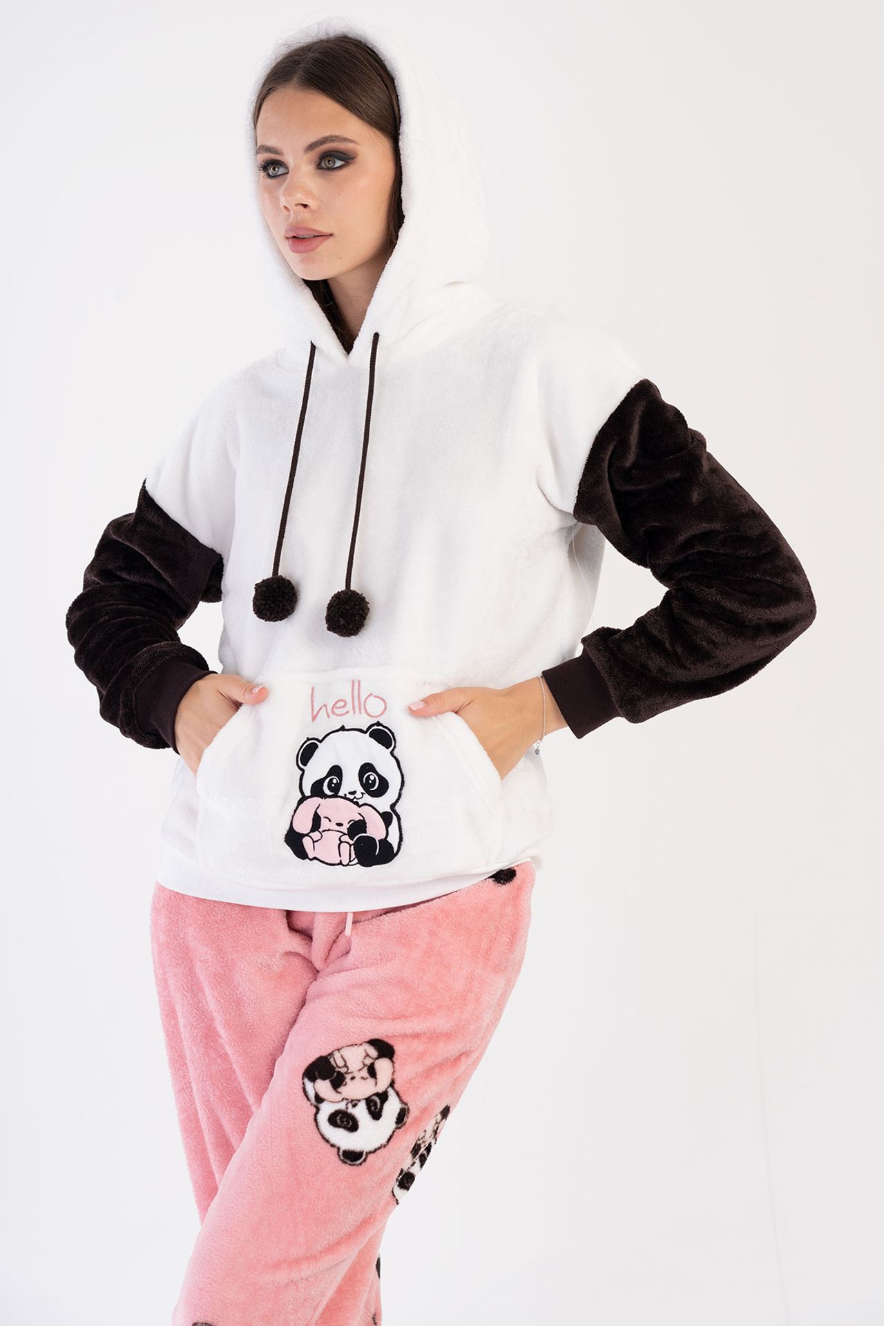YAKE Kapüşonlu Baskılı 2 Parçalı Pijama Takımı 1