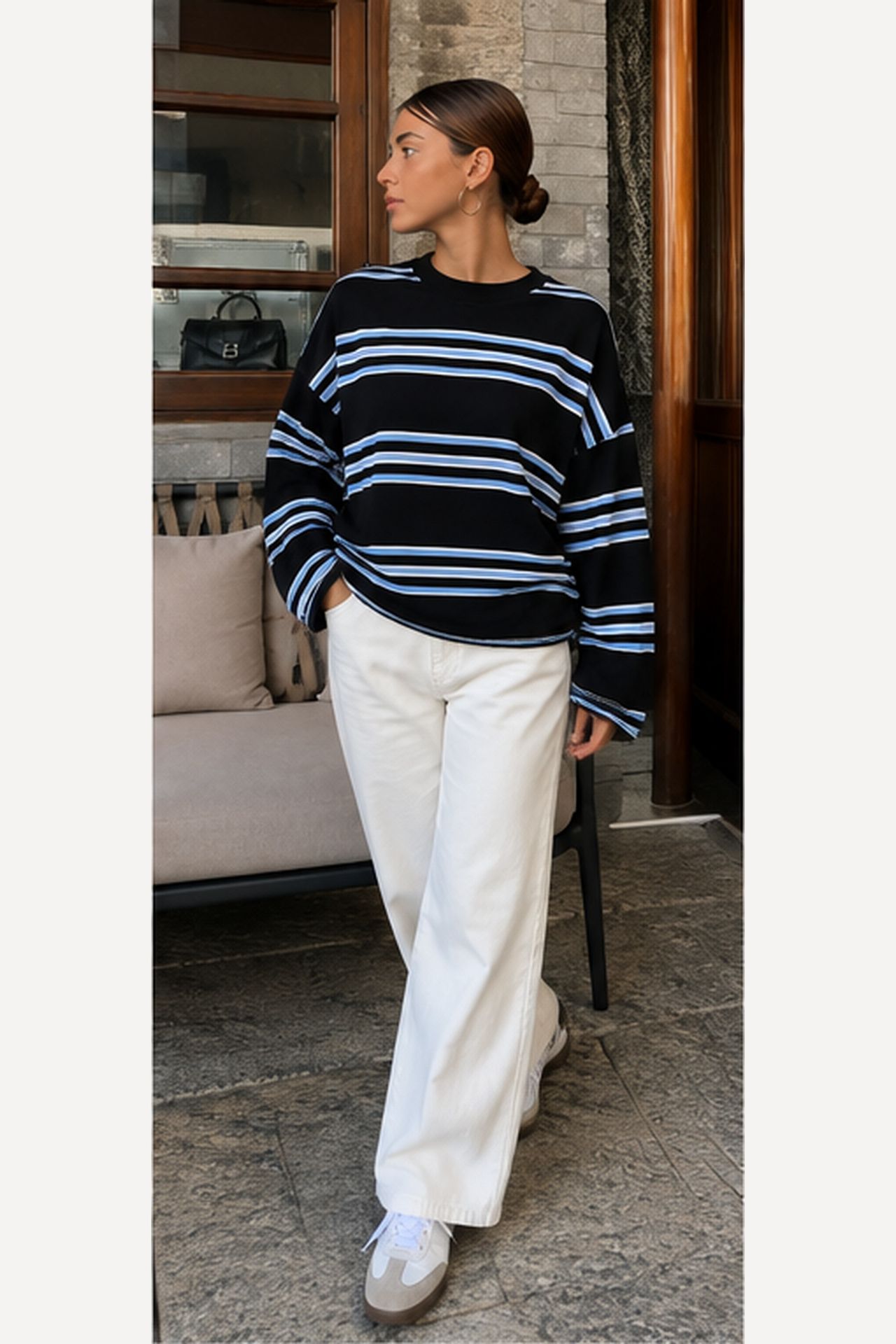 BIPANTOLON Kadın Oversize Çizgili Bisiklet Yaka Sweatshirt 2