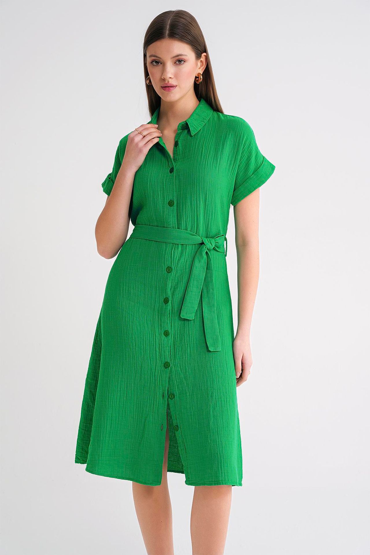 Mixray Relaxed Fit Midi Dress with Shirt Collar and Buttons 11