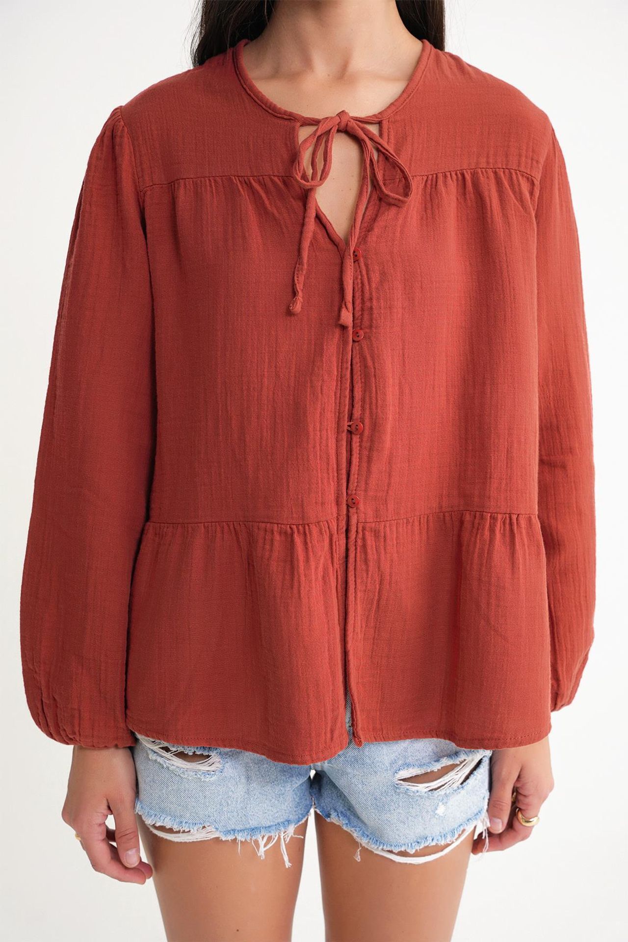 Mixray Long Sleeve Relaxed Fit Blouse with Tie-Neck 5