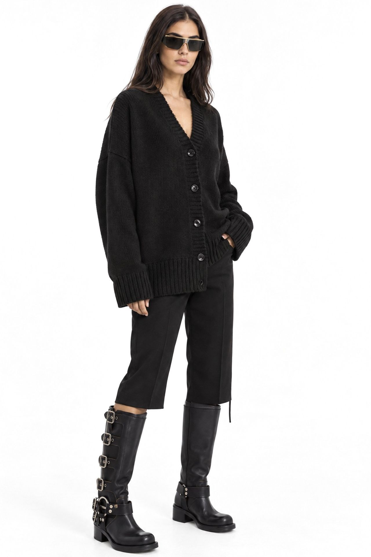Mixray Buttoned V-Neck Ribbed Knit Cardigan 2