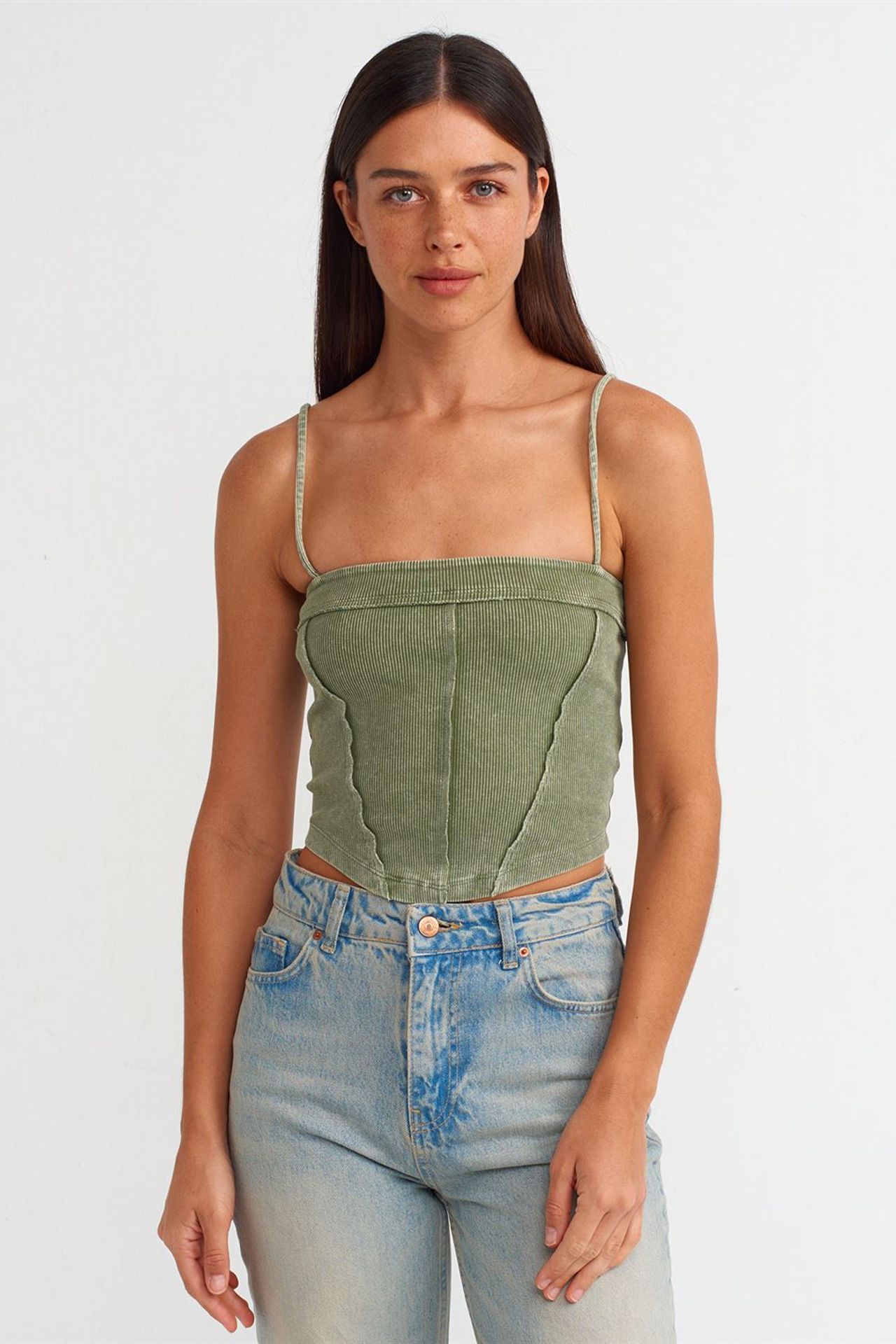 DILVIN Kare Yaka Fitilli Crop Bluz 1