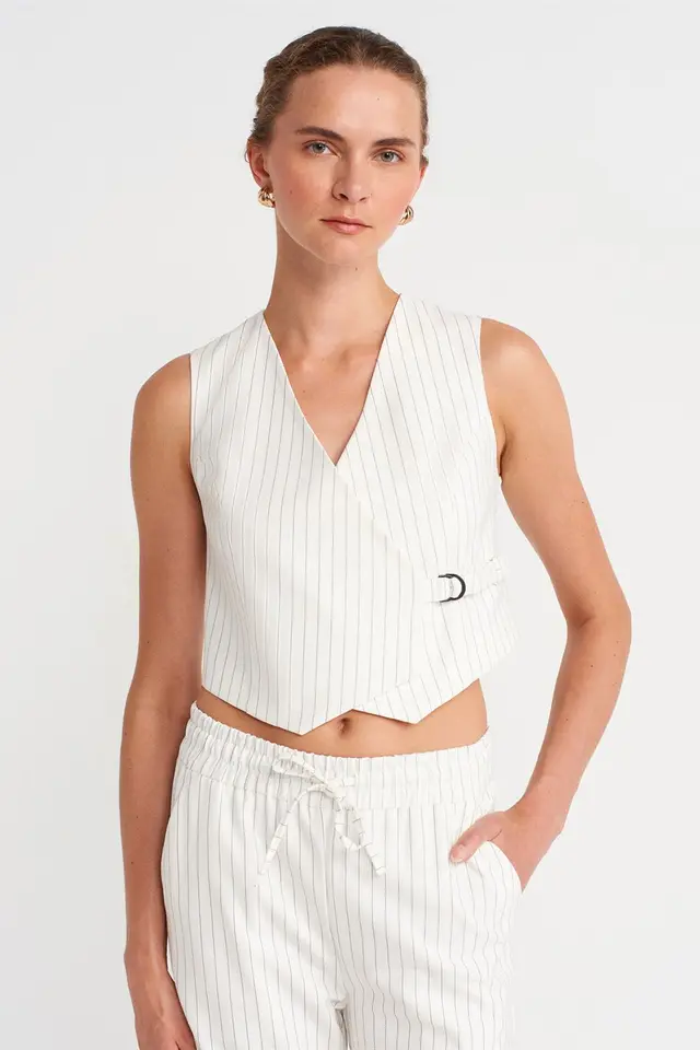 DILVIN Women’s Striped Crop Waistcoat With Belt