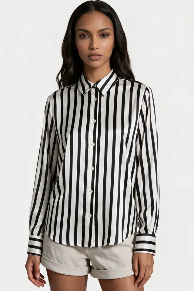 MSN Women's Oversized Striped Shirt Collar T-Shirt