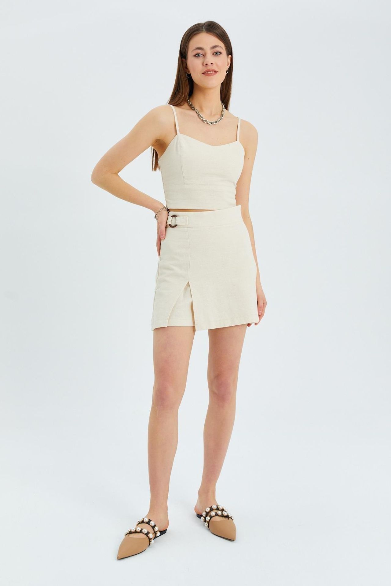 Belted High-Waist Wrap Front Shorts with Slit Detail 1