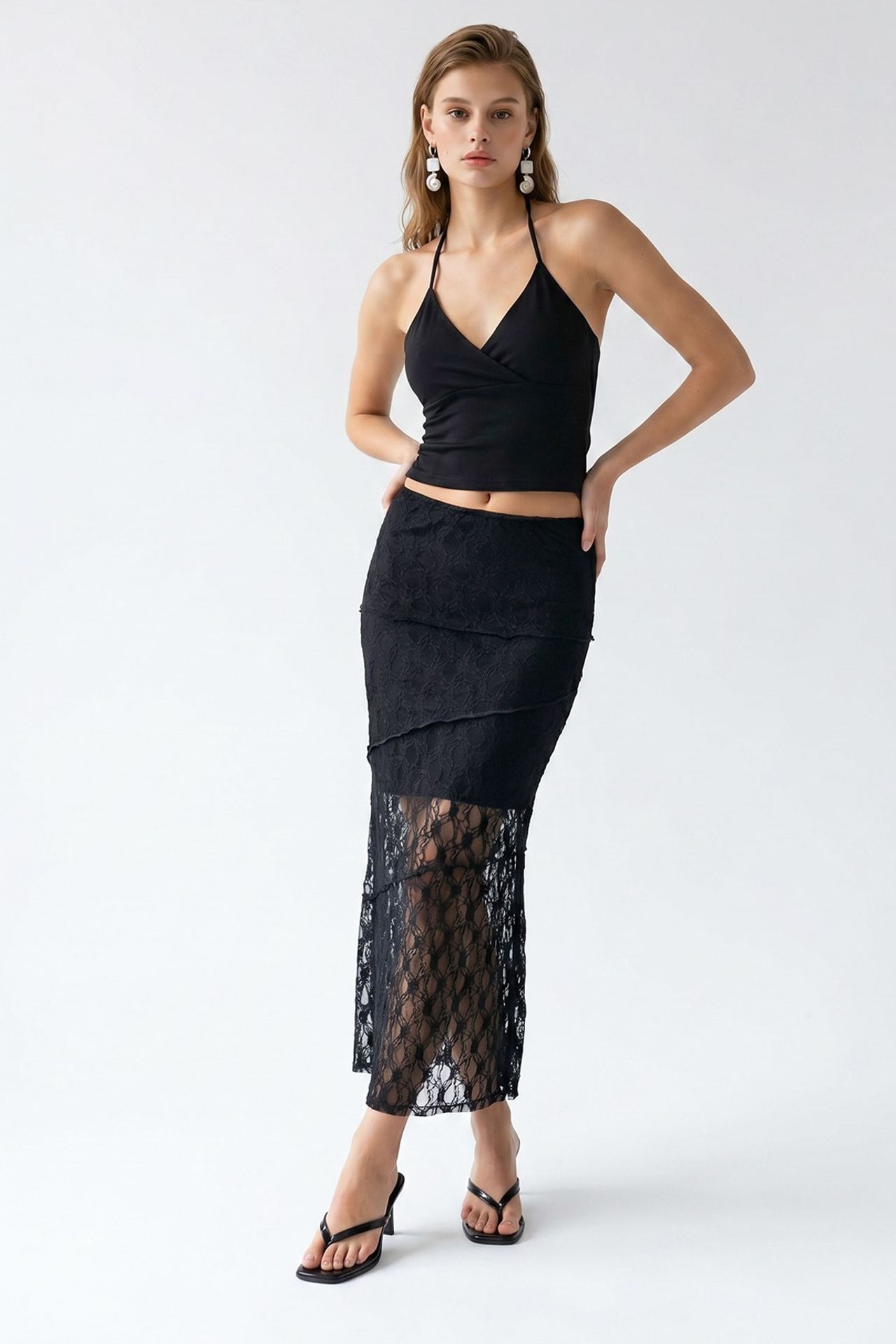 MIXRAY High Waist Lace Midi Skirt 3