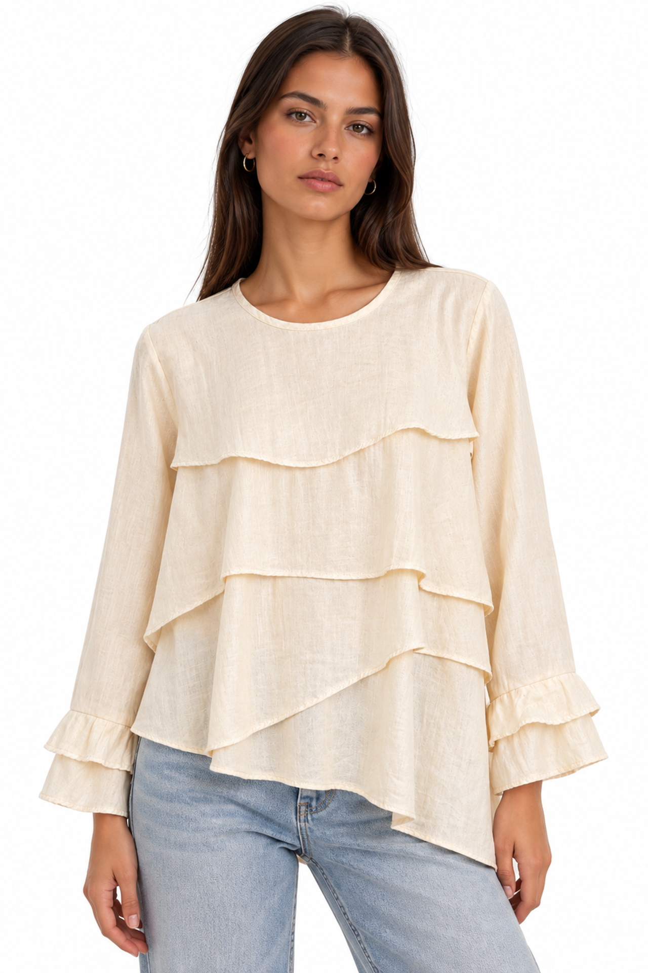 MIXRAY Frilly Long Sleeve Crew Neck Blouse 1