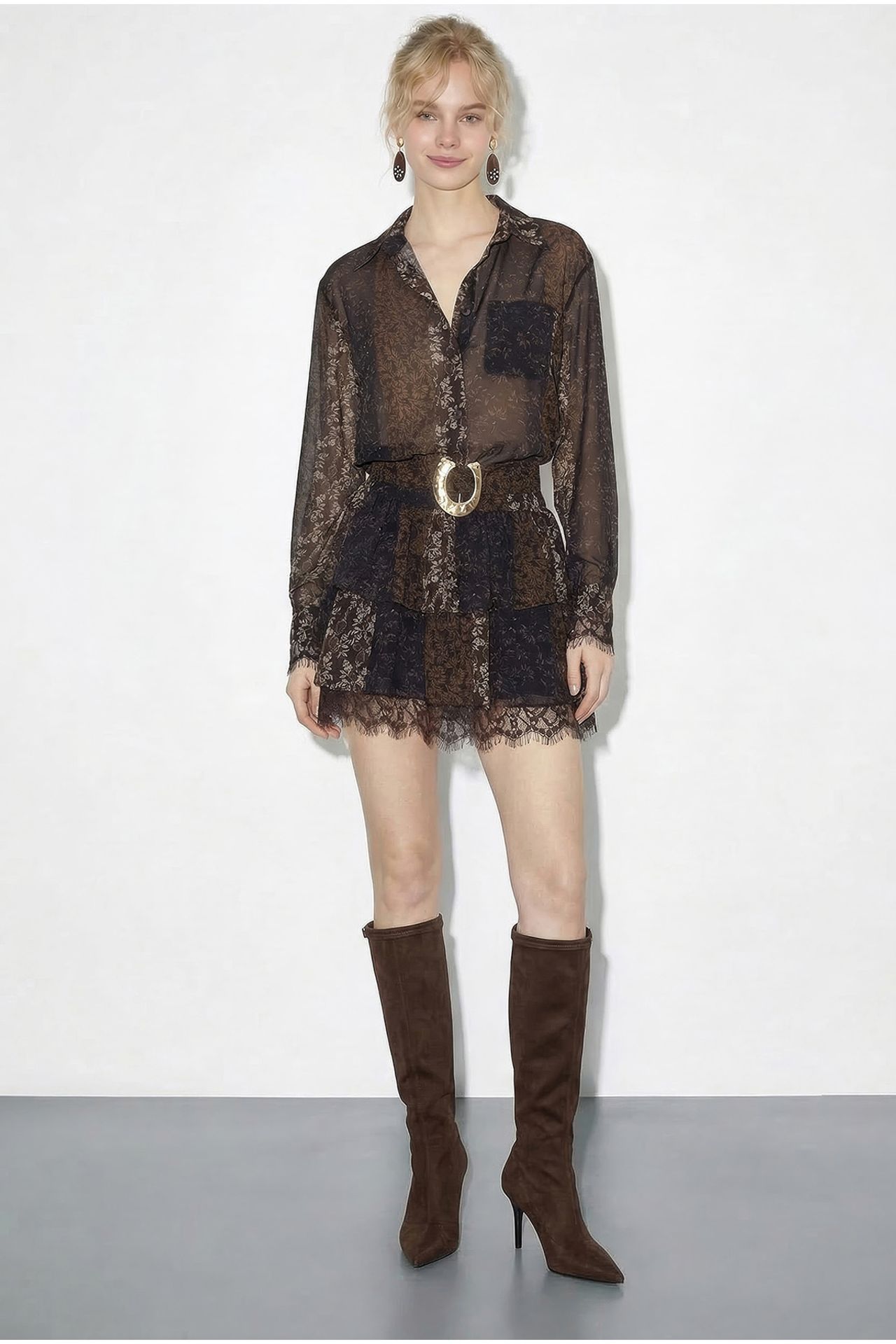 LUCCI Patterned Tulle Dress with Lace Detail, Belt and Ruffles 1