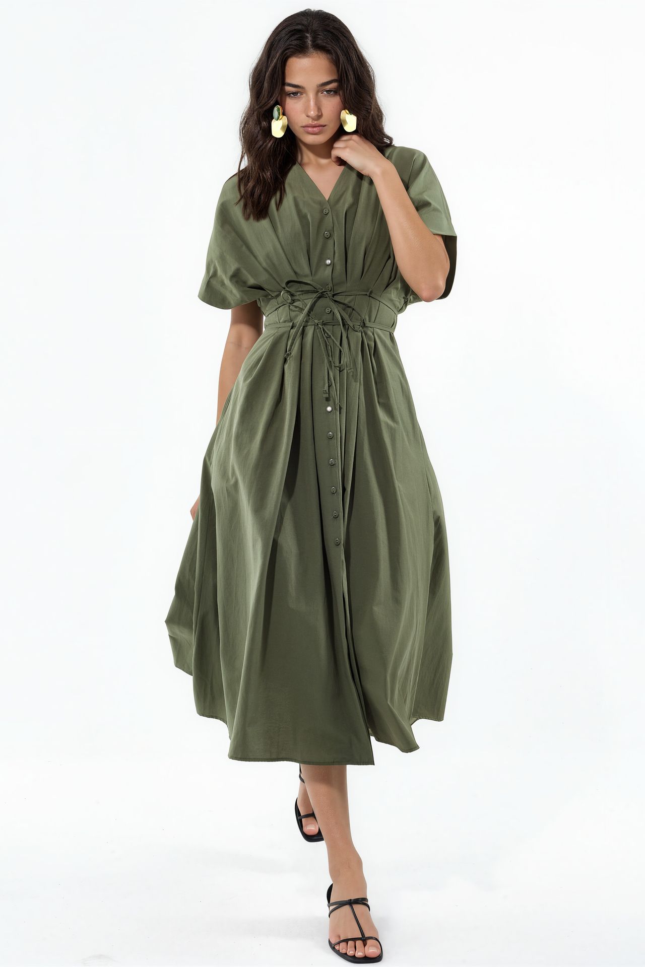 BUSEM Casual V-Neck Midi Shirt Dress 1