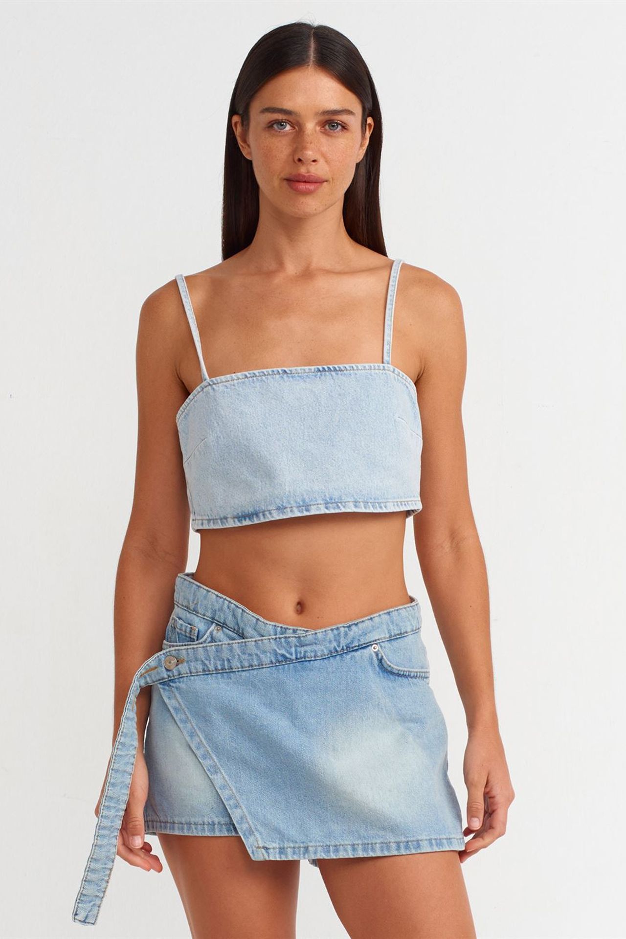 DILVIN Kemerli Mini Denim Kloş Etek 3