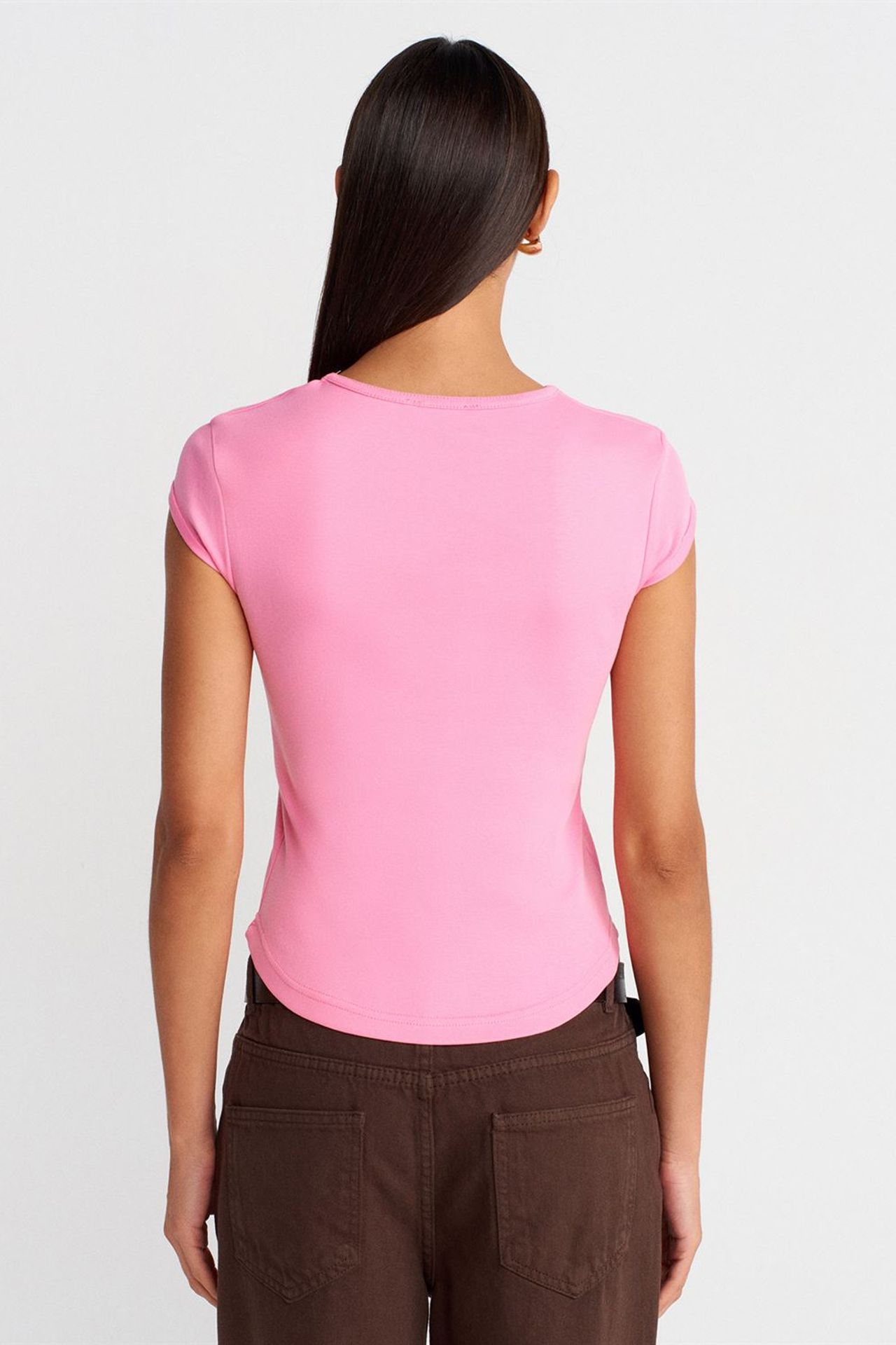 DILVIN Kadın Slim Fit Pamuklu Bisiklet Yaka Tişört 2
